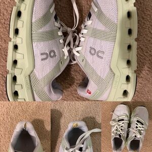 On Running White and Green Athletic Shoes with Unique Midsole